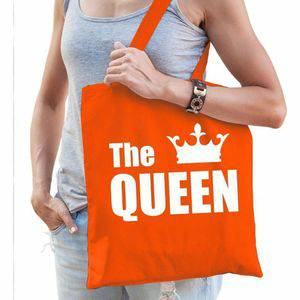 The queen katoenen tas oranje met witte tekst en witte kroon Koningsdag tasje / shopper voor dames Shoppers