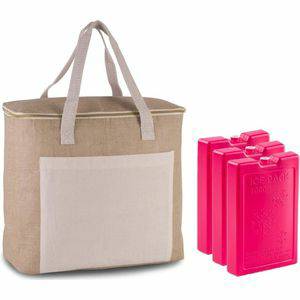 Koeltassen Grote koeltas jute/canvas 20 liter en 38 x 32 x 16 cm met 3x stuks koelelementen roze