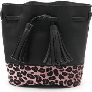 Schoudertassen Zwart/roze luipaardprint schoudertasje/bucket bag 30 cm voor meisjes/dames Festival/uitgaans tasjes